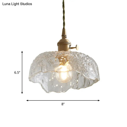 Clear Textured Glass Pendant Light With Brass Floral Rim