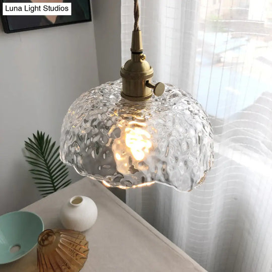 Bowl Shaped Clear Textured Glass Pendant Light With Floral Rim - Modern Brass Hanging Lamp