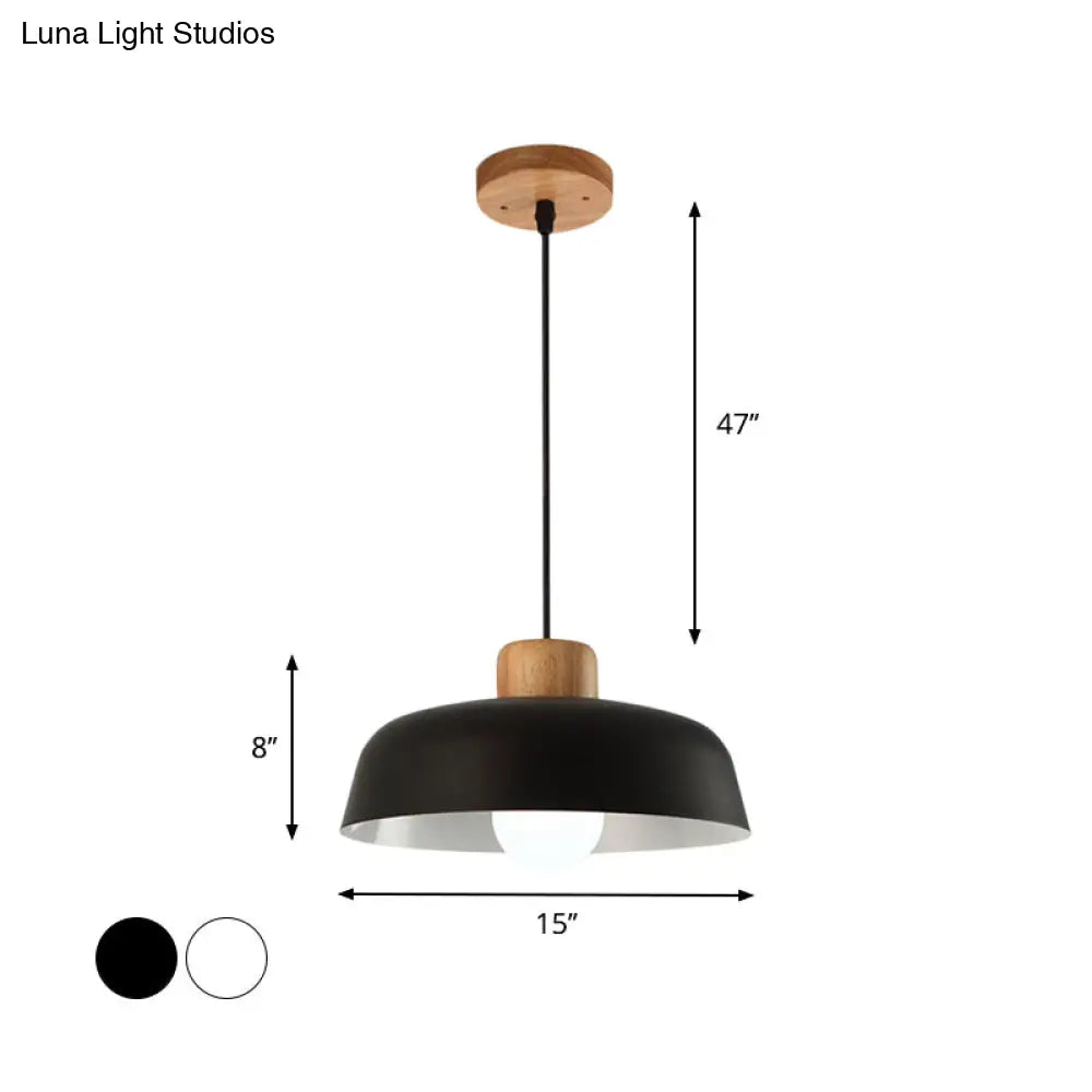 12/15 Nordic Style Bowl Pendant Lighting - Black/White Metal And Wood Fixture With Adjustable Cord