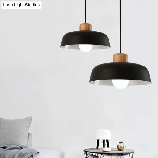 12/15 Nordic Style Bowl Pendant Lighting - Black/White Metal And Wood Fixture With Adjustable Cord