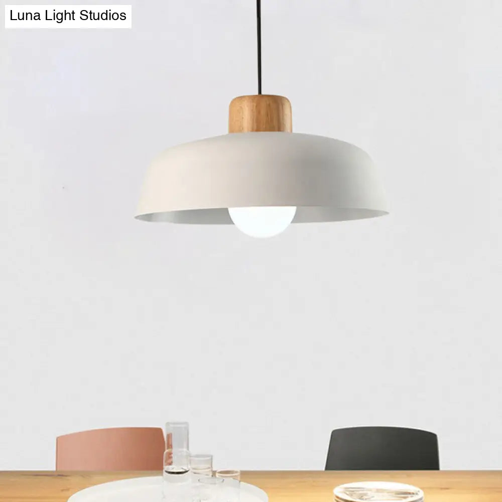 12/15 Nordic Style Bowl Pendant Lighting - Black/White Metal And Wood Fixture With Adjustable Cord