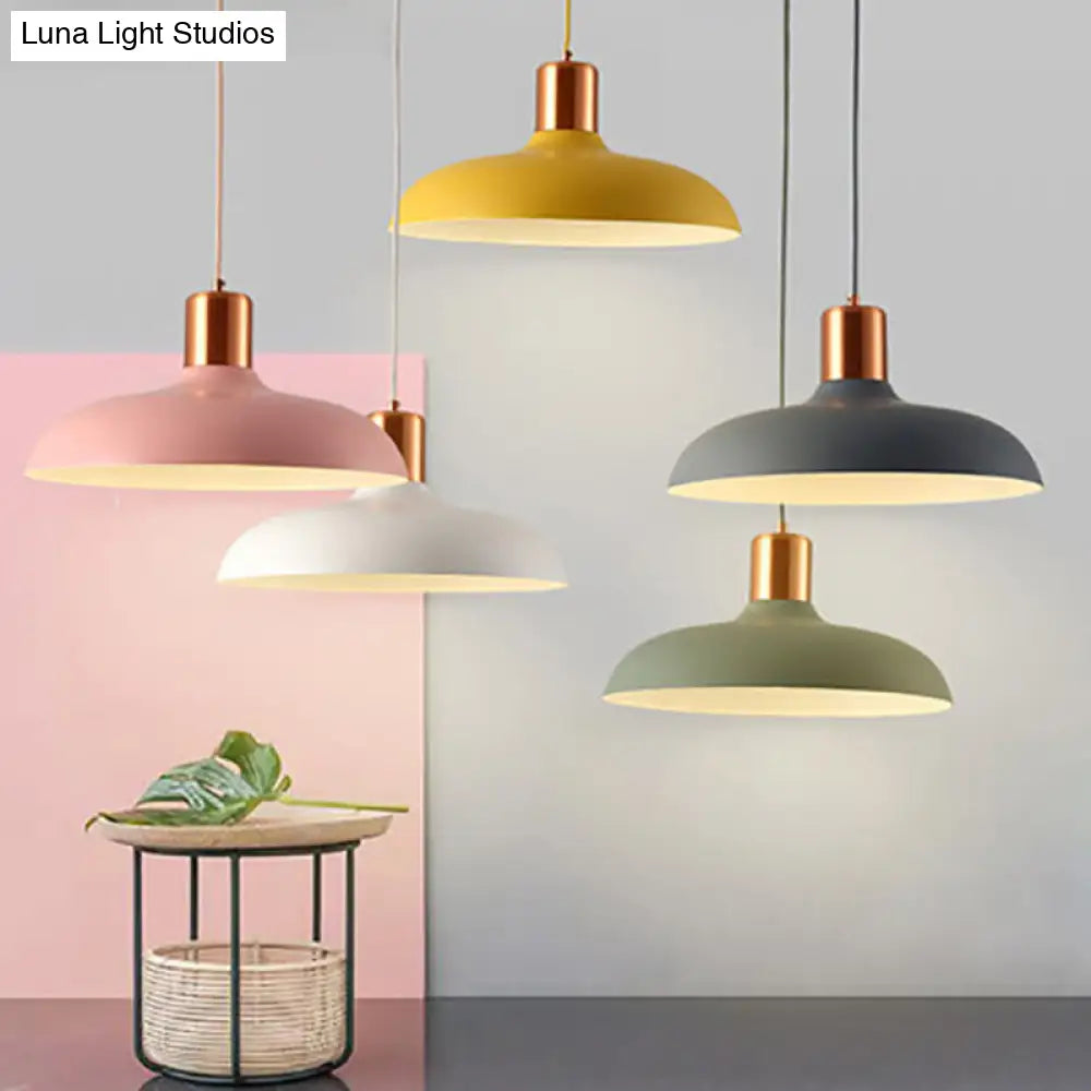 Bowl-Shaped Restaurant Pendant Light - Metal Construction Macaron Suspension Design With 1 Bulb