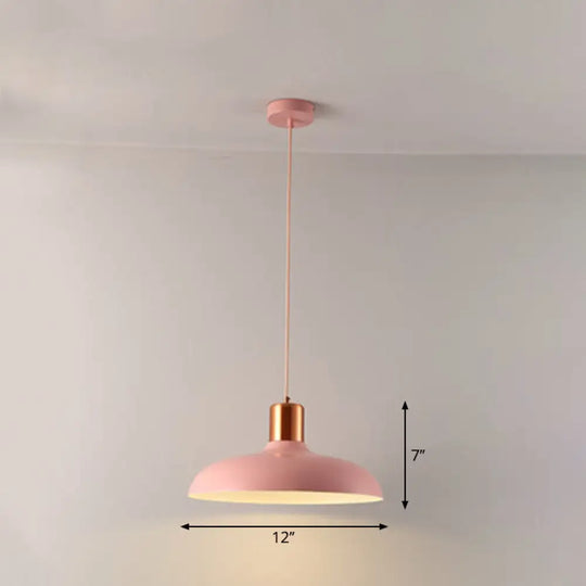 Bowl-Shaped Restaurant Pendant Light - Metal Construction Macaron Suspension Design With 1 Bulb Pink