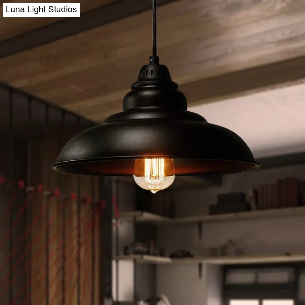 Industrial Style Suspension Pendant Light - Metal 1-Light Bowl Dining Room Lamp In Black