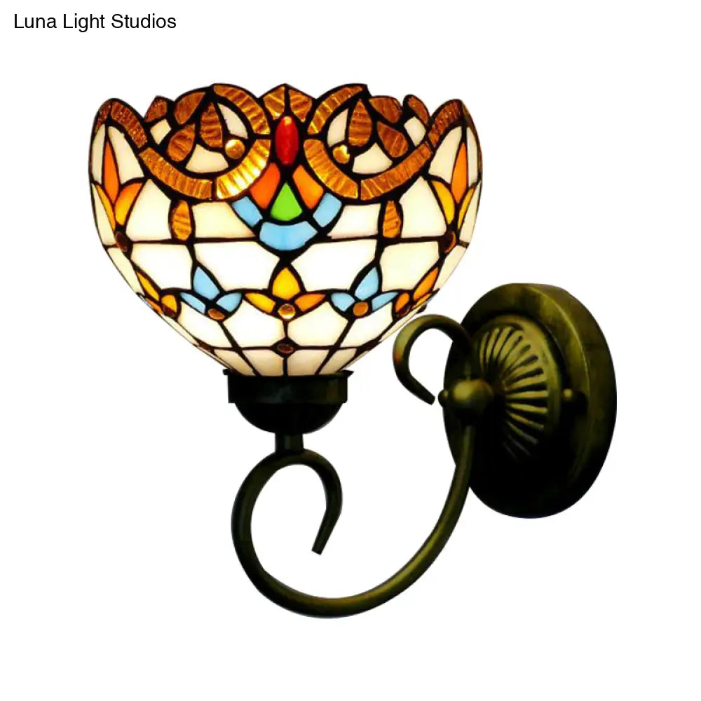 Bowl Wall Mount Light With Curved Arm - 1 Stained Glass Victorian Sconce In Brown/Blue