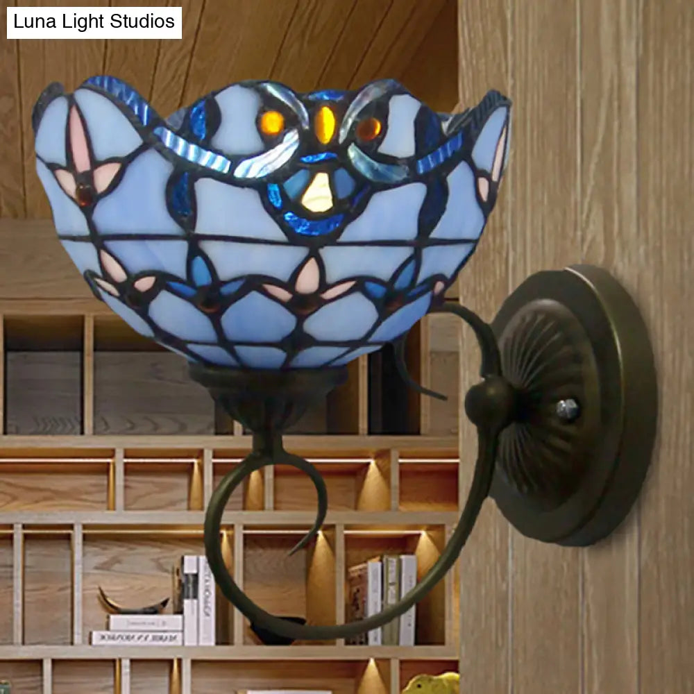 Bowl Wall Mount Light With Curved Arm - 1 Stained Glass Victorian Sconce In Brown/Blue