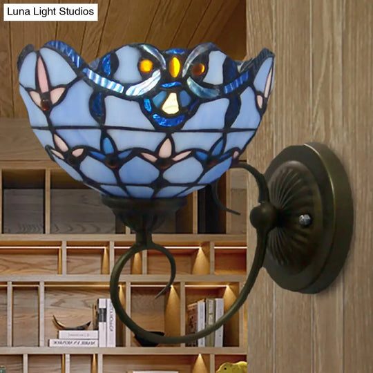 Bowl Wall Mount Light With Curved Arm - 1 Stained Glass Victorian Sconce In Brown/Blue