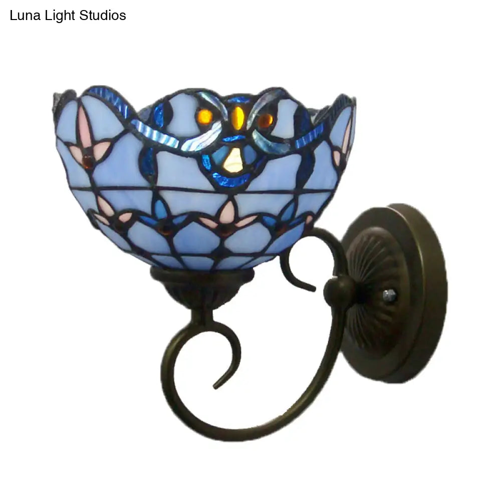 Bowl Wall Mount Light With Curved Arm - 1 Stained Glass Victorian Sconce In Brown/Blue