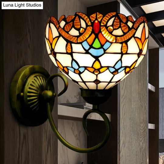 Bowl Wall Mount Light With Curved Arm - 1 Stained Glass Victorian Sconce In Brown/Blue