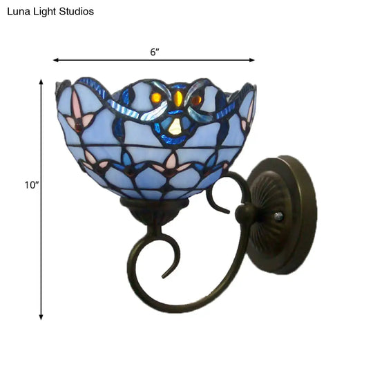 Bowl Wall Mount Light With Curved Arm - 1 Stained Glass Victorian Sconce In Brown/Blue