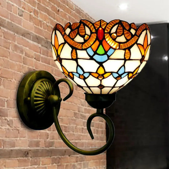 Bowl Wall Mount Light With Curved Arm - 1 Stained Glass Victorian Sconce In Brown/Blue Brown