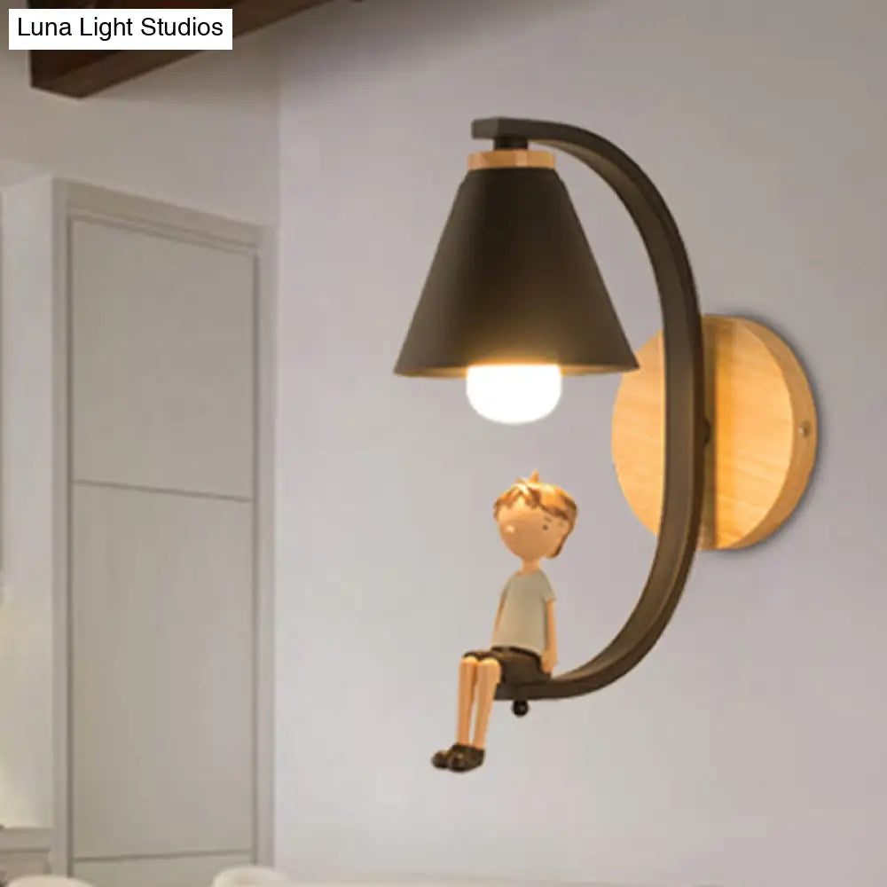 Boy Deco Cone Shade Sconce Light: 1 Head Wall Lamp For Childs Bedroom Or Foyer