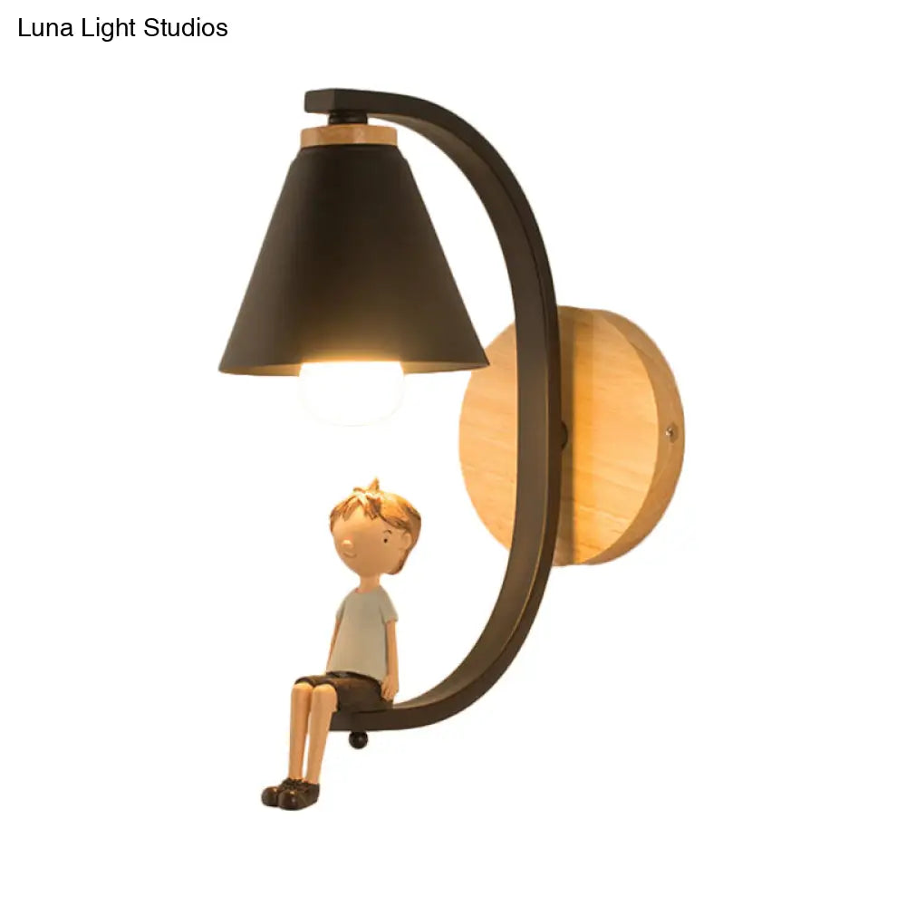 Boy Deco Cone Shade Sconce Light: 1 Head Wall Lamp For Childs Bedroom Or Foyer