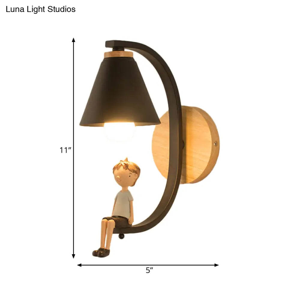 Boy Deco Cone Shade Sconce Light: 1 Head Wall Lamp For Childs Bedroom Or Foyer