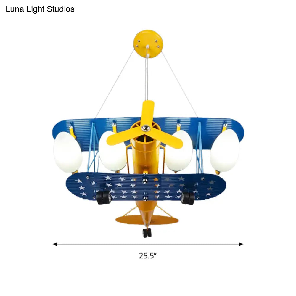 Boys Bedroom Chandelier: Blue Pendant Light With Milk Glass Shade & Biplane Design