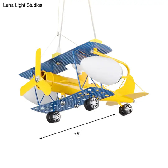 Boys Bedroom Chandelier: Blue Pendant Light With Milk Glass Shade & Biplane Design