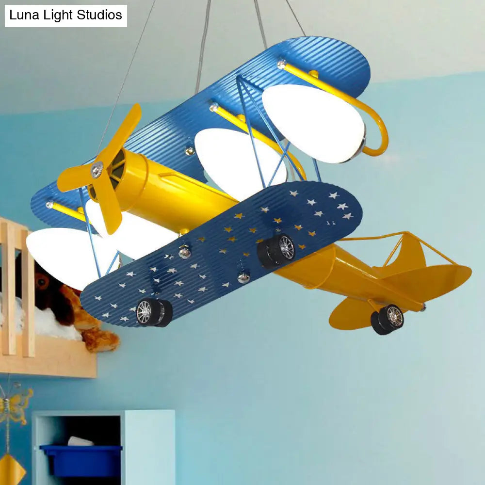 Boys Bedroom Chandelier: Blue Pendant Light With Milk Glass Shade & Biplane Design