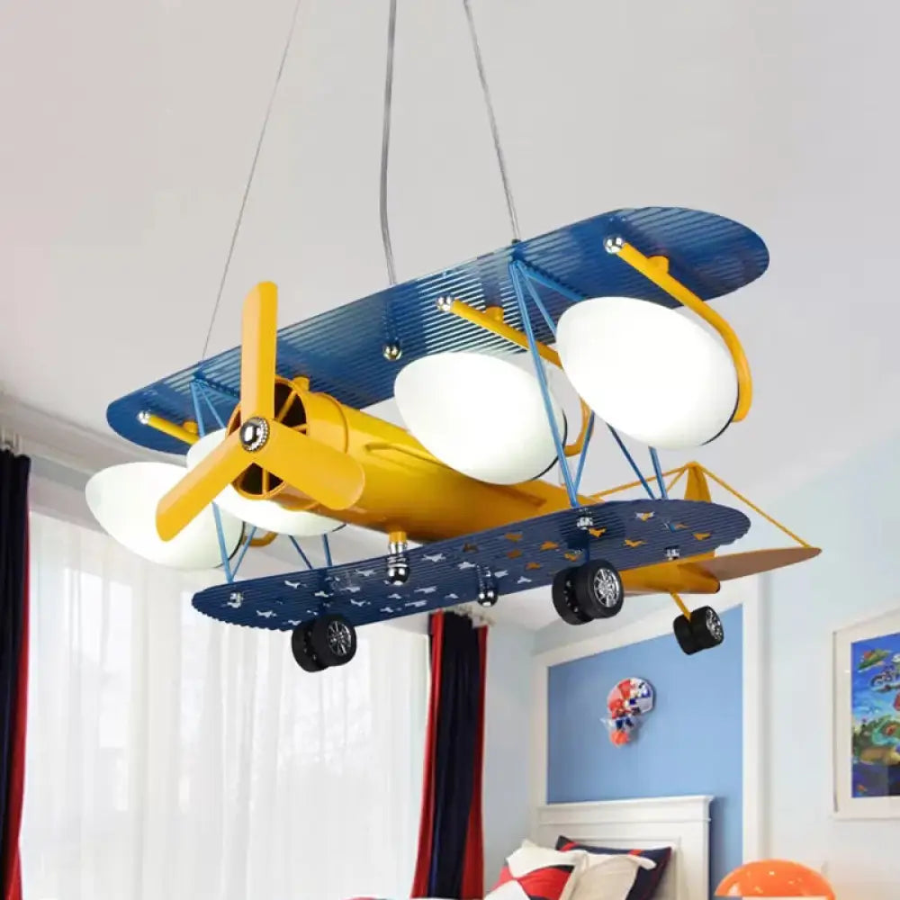 Boys Bedroom Chandelier: Blue Pendant Light With Milk Glass Shade & Biplane Design 5 / Without