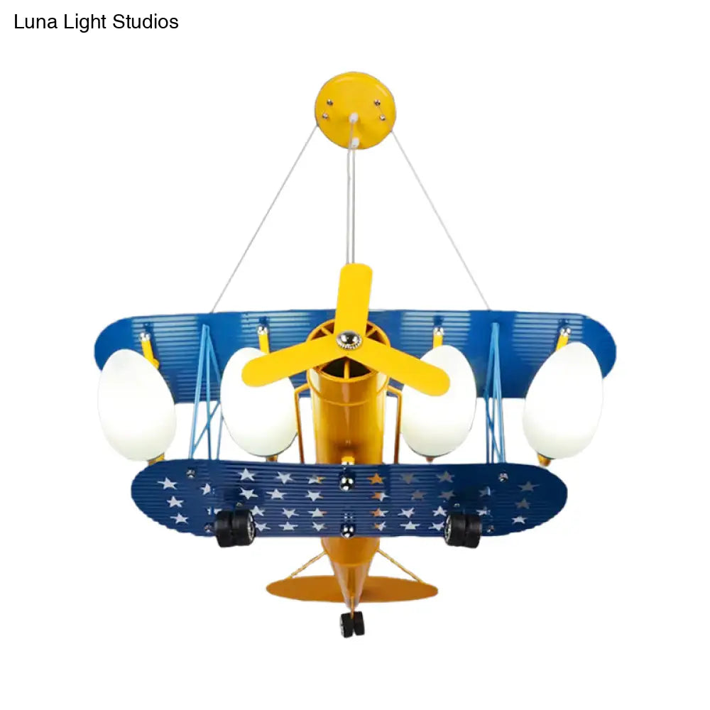 Boys Bedroom Chandelier: Blue Pendant Light With Milk Glass Shade & Biplane Design