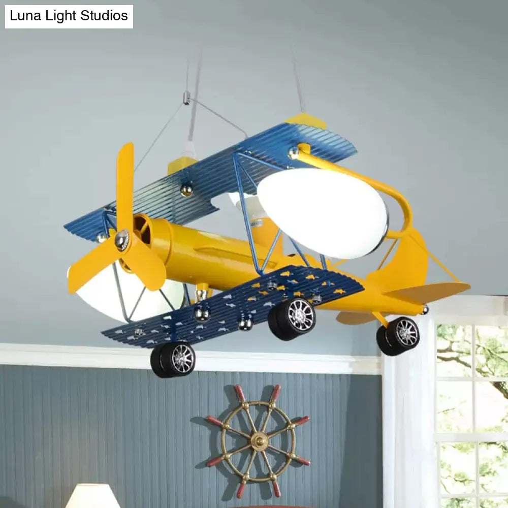 Boys Bedroom Chandelier: Blue Pendant Light With Milk Glass Shade & Biplane Design