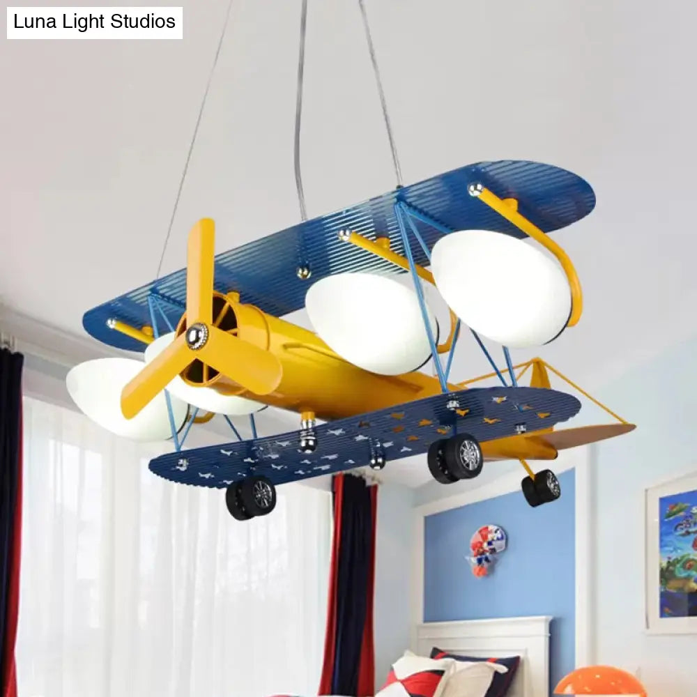 Boys Bedroom Chandelier: Blue Pendant Light With Milk Glass Shade & Biplane Design