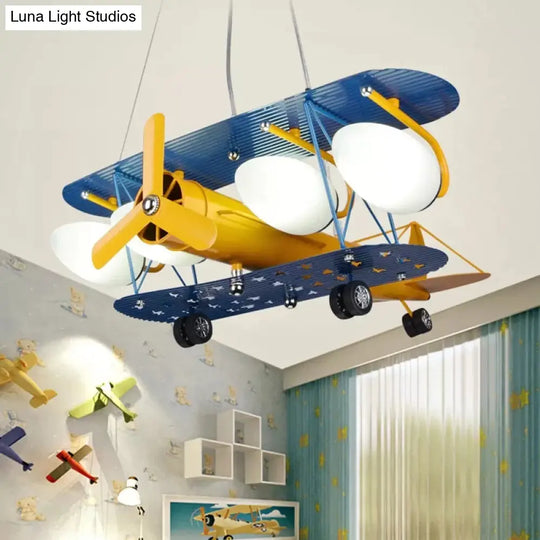 Boys Bedroom Chandelier: Blue Pendant Light With Milk Glass Shade & Biplane Design