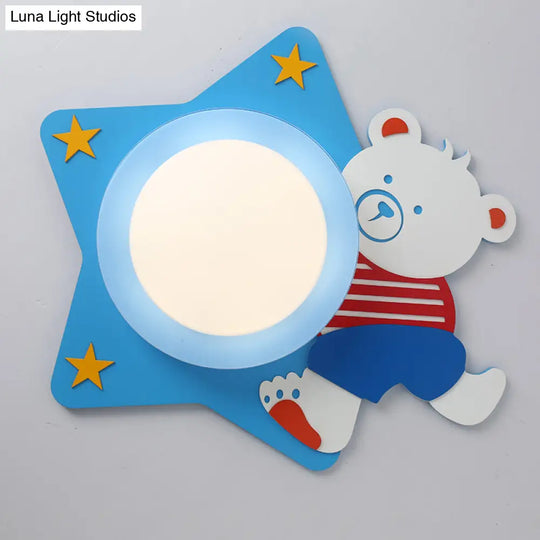 Boys’ Cartoon Bear Wood Animal Blue Led Ceiling Light