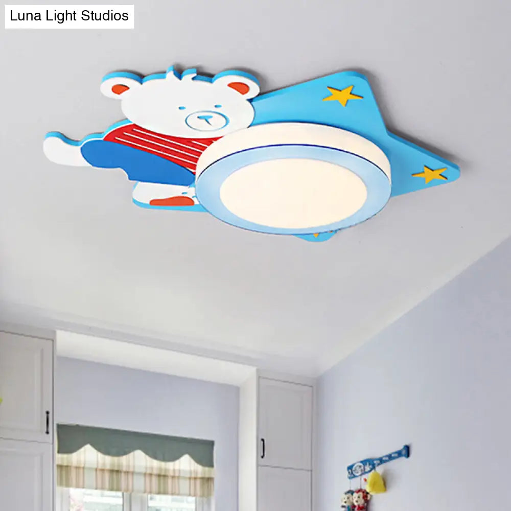 Boys Cartoon Bear Wood Animal Blue Led Ceiling Light