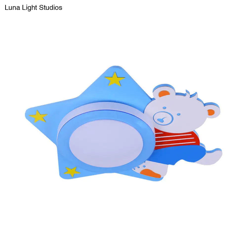 Boys’ Cartoon Bear Wood Animal Blue Led Ceiling Light