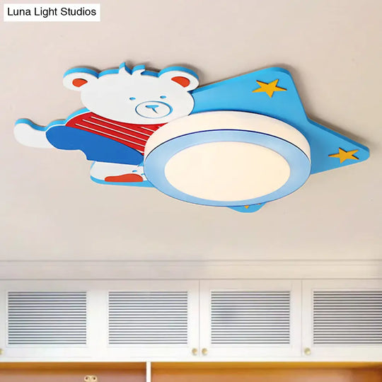 Boys Cartoon Bear Wood Animal Blue Led Ceiling Light