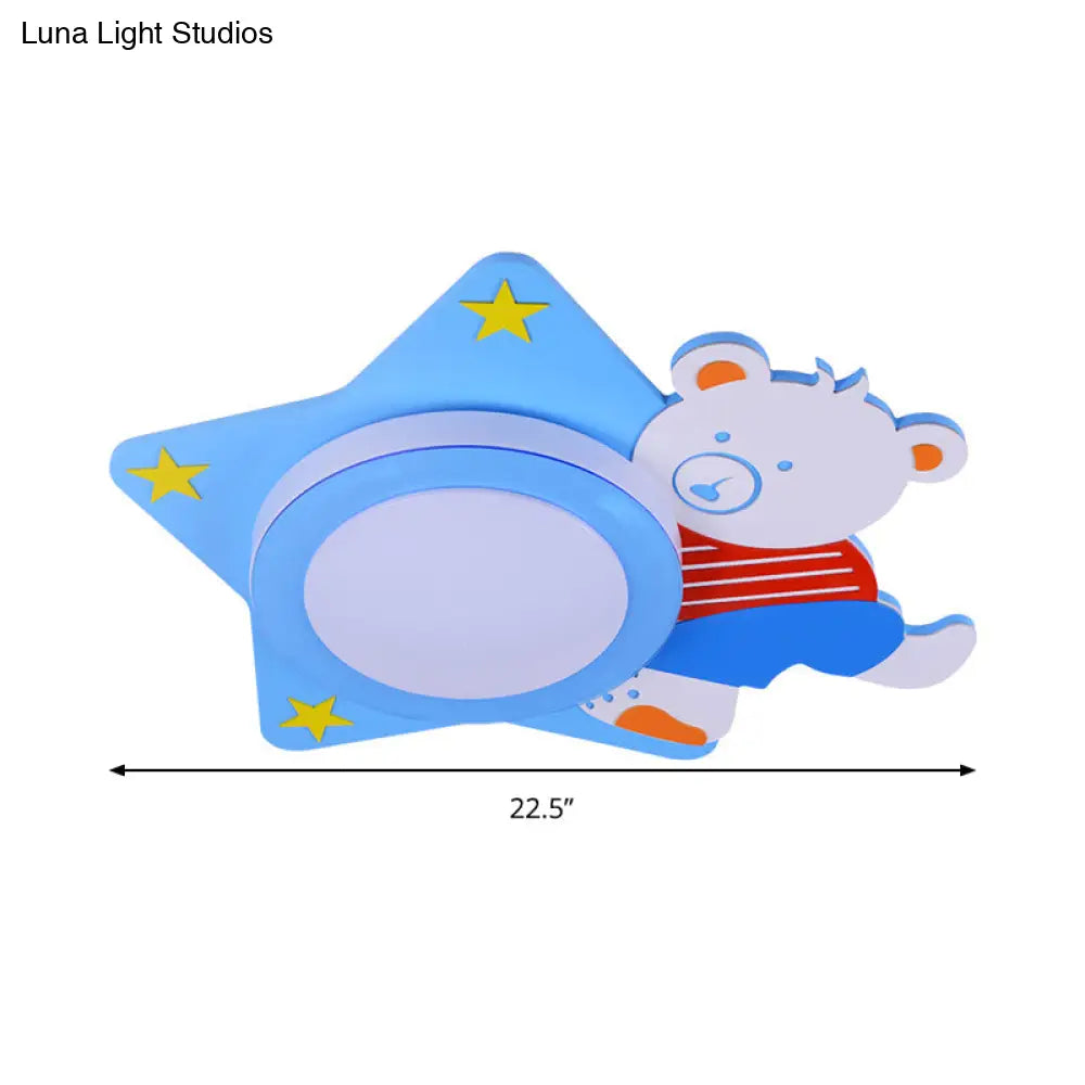 Boys’ Cartoon Bear Wood Animal Blue Led Ceiling Light