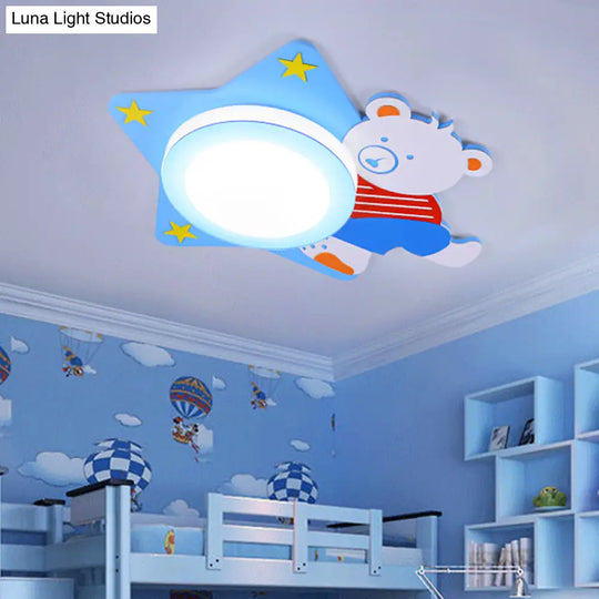 Boys’ Cartoon Bear Wood Animal Blue Led Ceiling Light