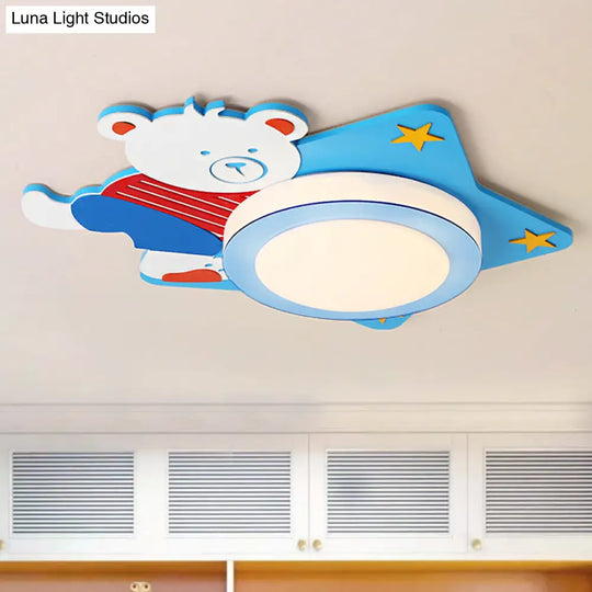 Boys’ Cartoon Bear Wood Animal Blue Led Ceiling Light