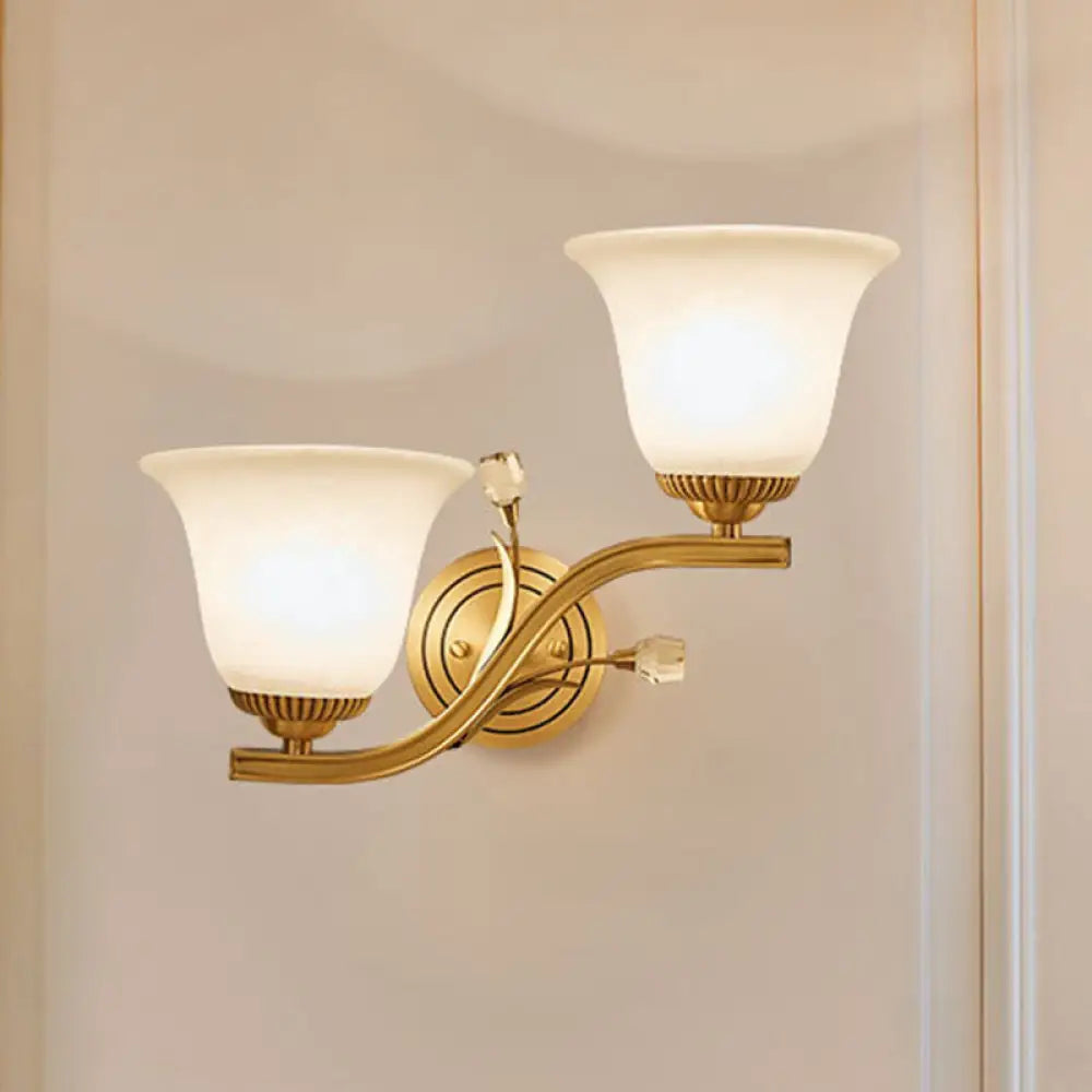 Brass 1/2-Light Wall Sconce With Colonial Frosted Glass Bell Shade - Elegant Corridor Lamp 2 /