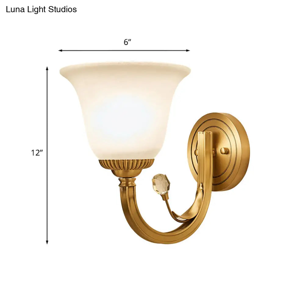 Brass 1/2-Light Wall Sconce With Colonial Frosted Glass Bell Shade - Elegant Corridor Lamp