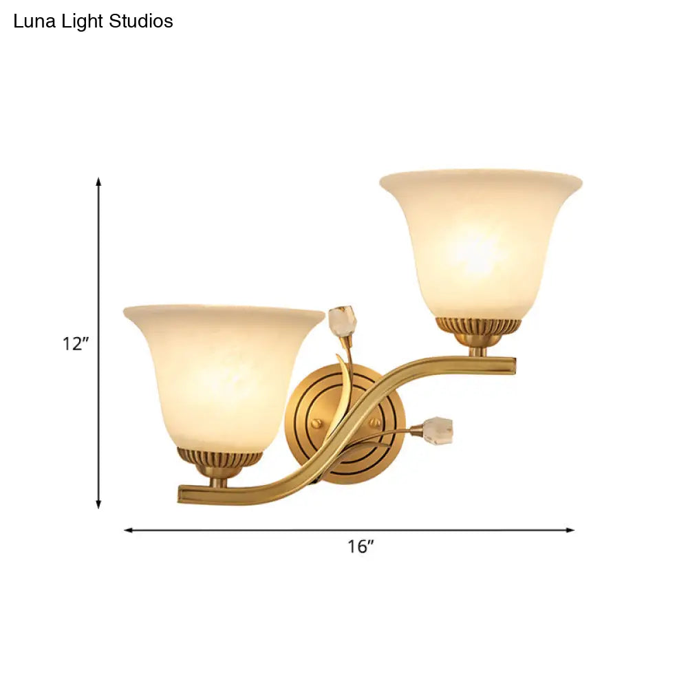 Brass 1/2-Light Wall Sconce With Colonial Frosted Glass Bell Shade - Elegant Corridor Lamp