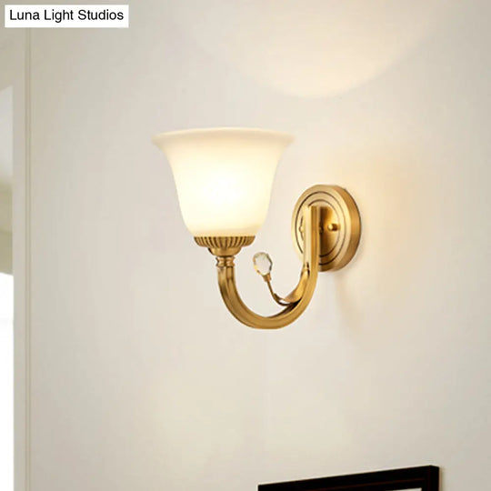 Brass 1/2-Light Wall Sconce With Colonial Frosted Glass Bell Shade - Elegant Corridor Lamp