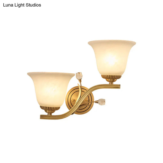 Brass 1/2-Light Wall Sconce With Colonial Frosted Glass Bell Shade - Elegant Corridor Lamp