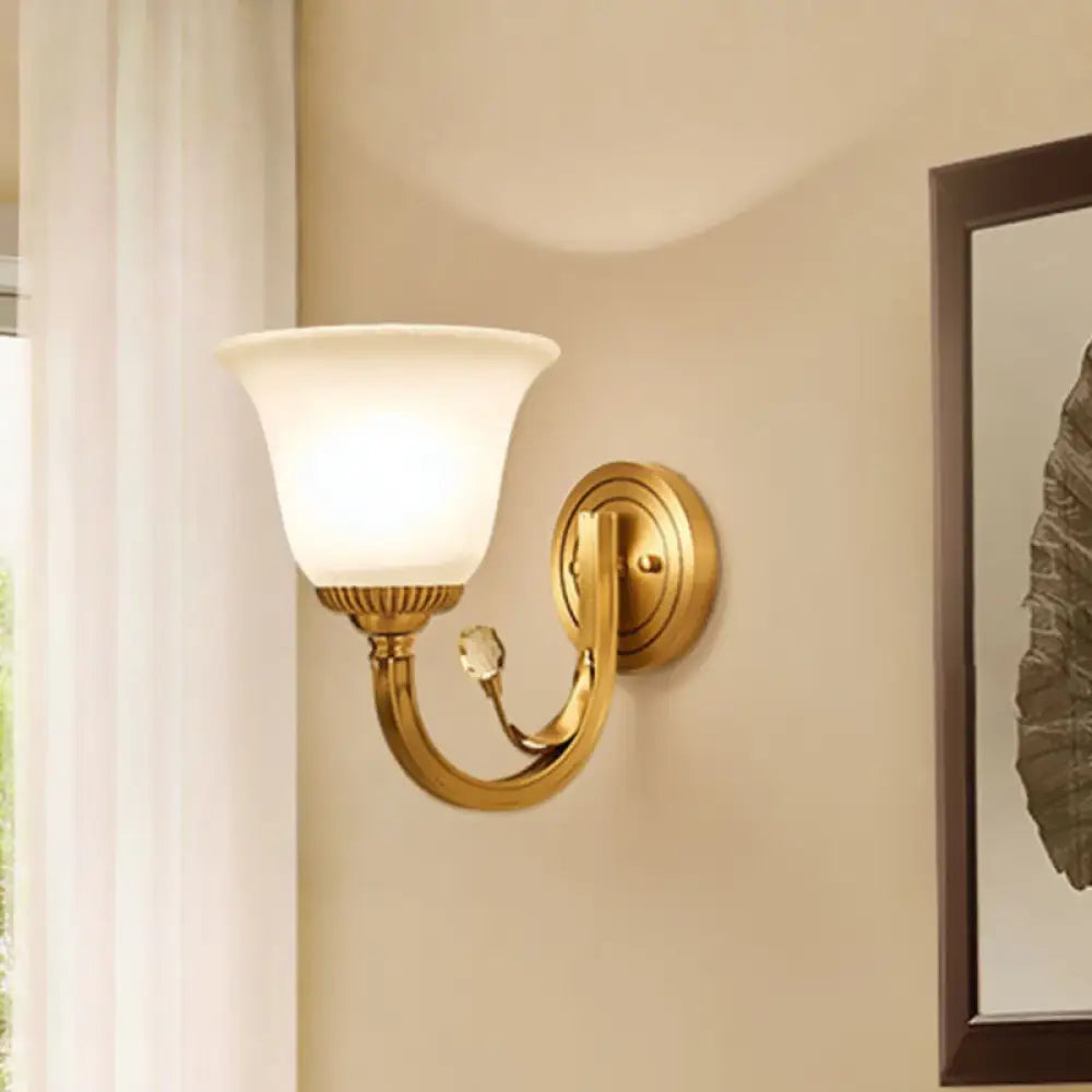 Brass 1/2-Light Wall Sconce With Colonial Frosted Glass Bell Shade - Elegant Corridor Lamp 1 /