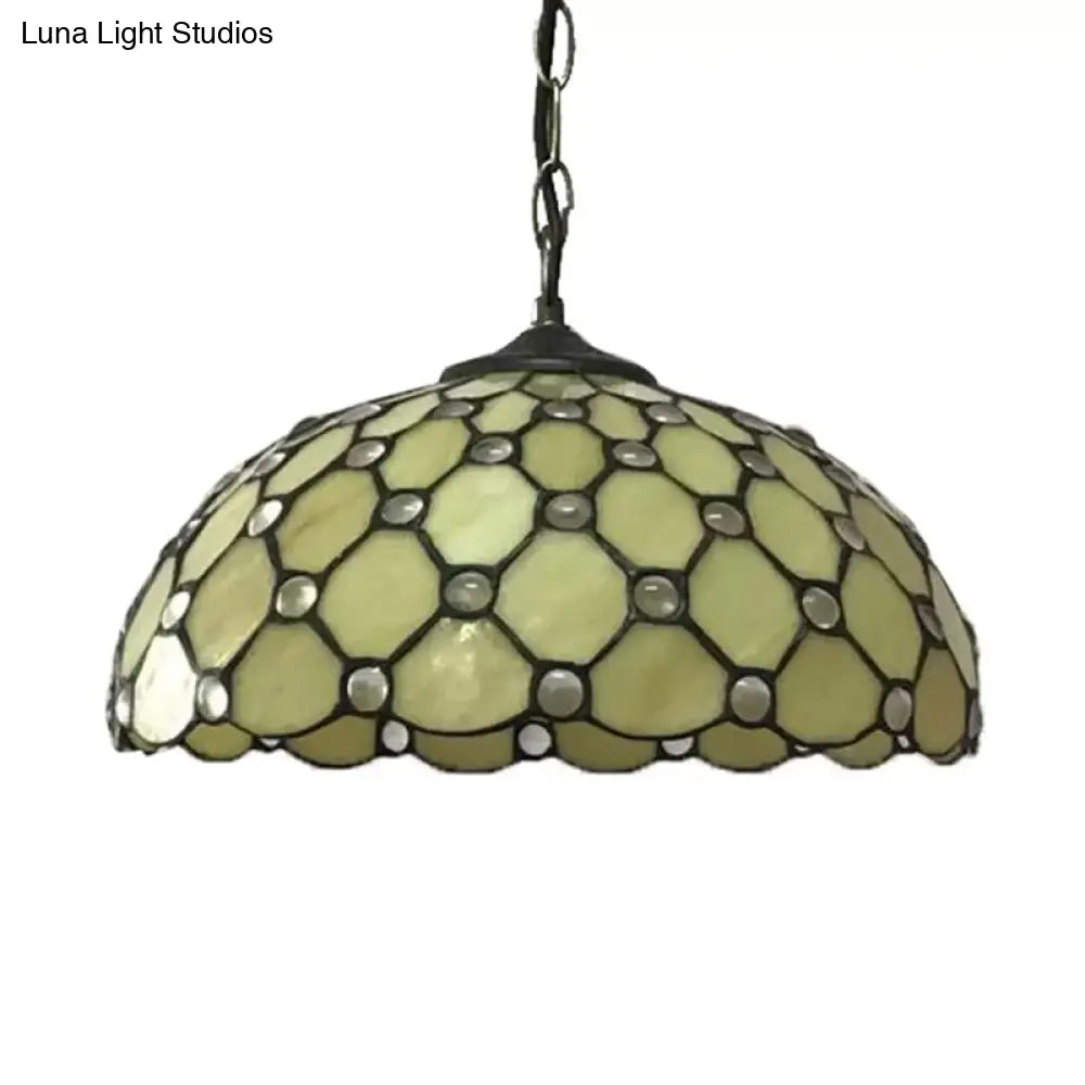 Brass 1-Head Tiffany Glass Pendant Light With Jewel - Multiple Sizes Available