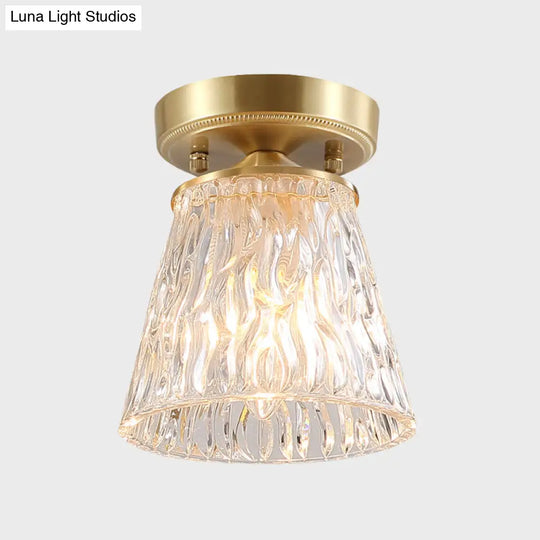 Brass 1 - Light Semi Flush Mount With Clear Ripple/Fluted Glass Cone/Flower Design For Living Room