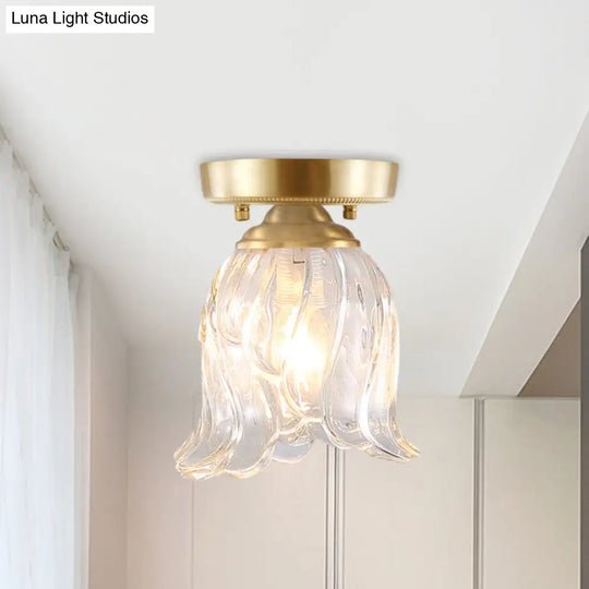 Brass 1 - Light Semi Flush Mount With Clear Ripple/Fluted Glass Cone/Flower Design For Living Room