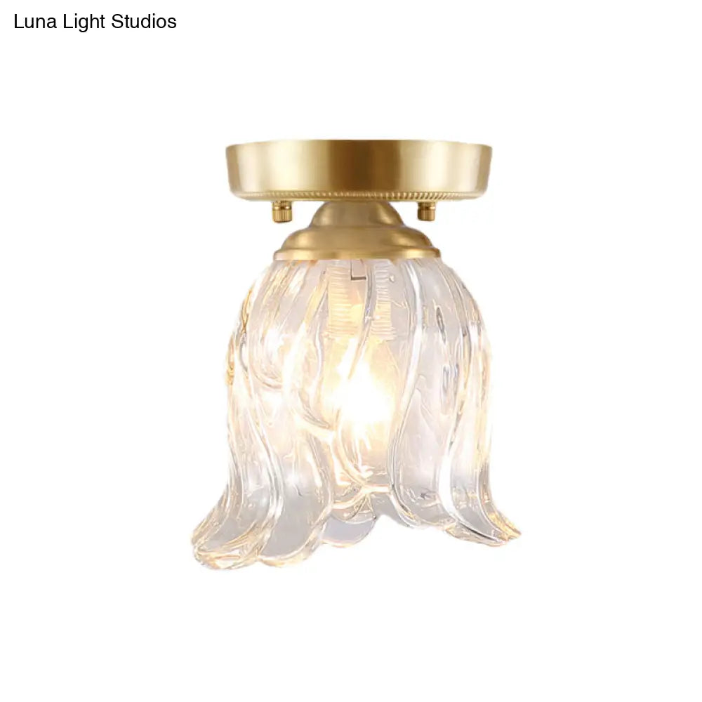 Brass 1 - Light Semi Flush Mount With Clear Ripple/Fluted Glass Cone/Flower Design For Living Room