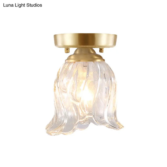 Brass 1 - Light Semi Flush Mount With Clear Ripple/Fluted Glass Cone/Flower Design For Living Room