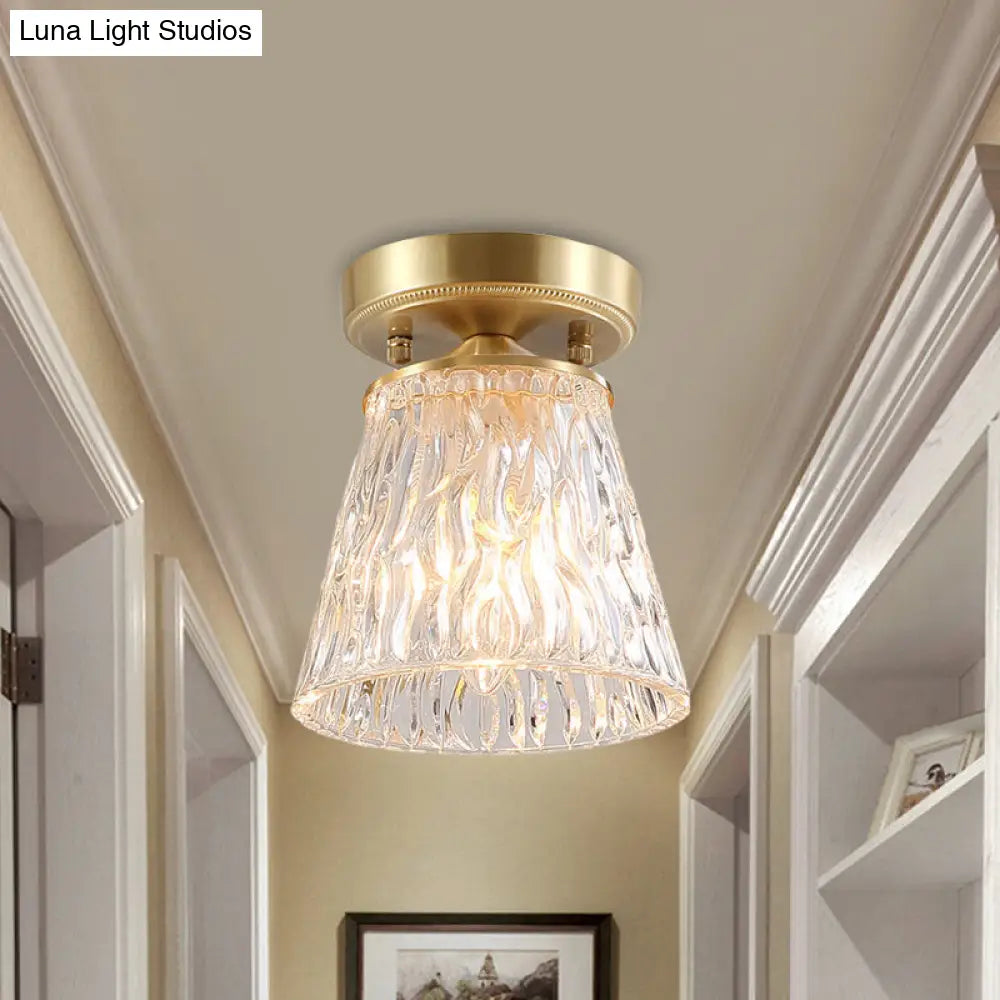 Brass 1-Light Semi Flush Mount With Clear Ripple/Fluted Glass Cone For Living Room Ceiling /