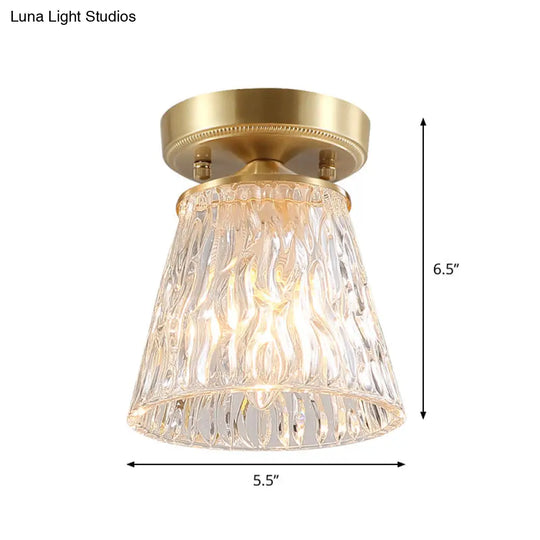 Brass 1 - Light Semi Flush Mount With Clear Ripple/Fluted Glass Cone/Flower Design For Living Room