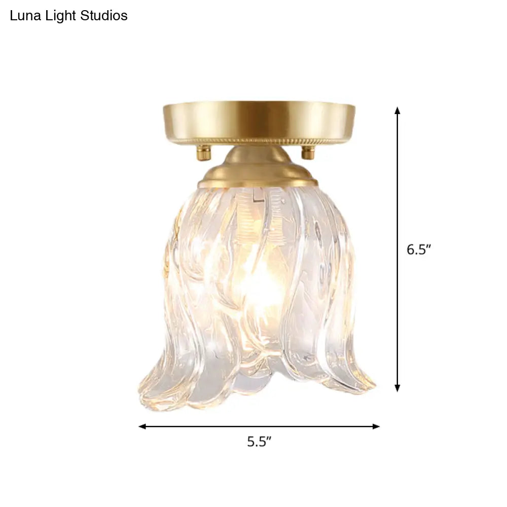 Brass 1-Light Semi Flush Mount With Clear Ripple/Fluted Glass Cone For Living Room Ceiling