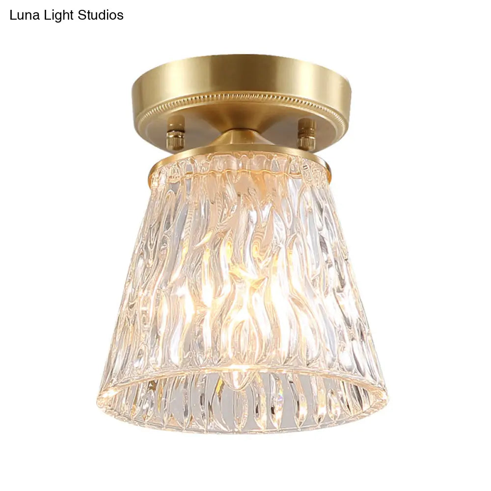 Brass 1 - Light Semi Flush Mount With Clear Ripple/Fluted Glass Cone/Flower Design For Living Room