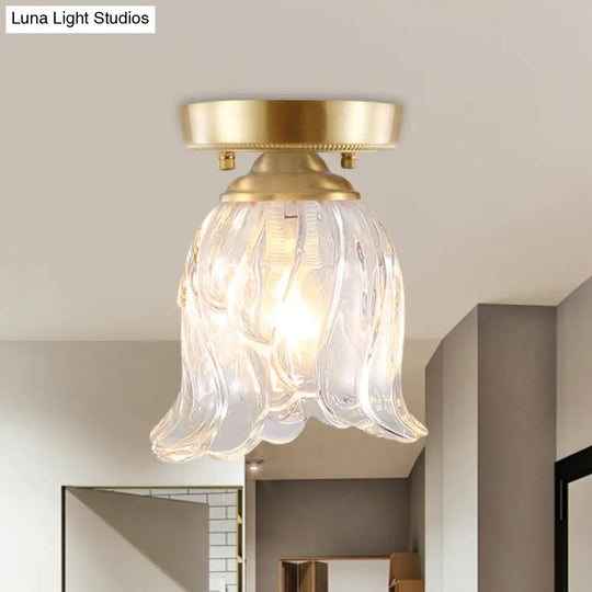 Brass 1-Light Semi Flush Mount With Clear Ripple/Fluted Glass Cone For Living Room Ceiling / Flower