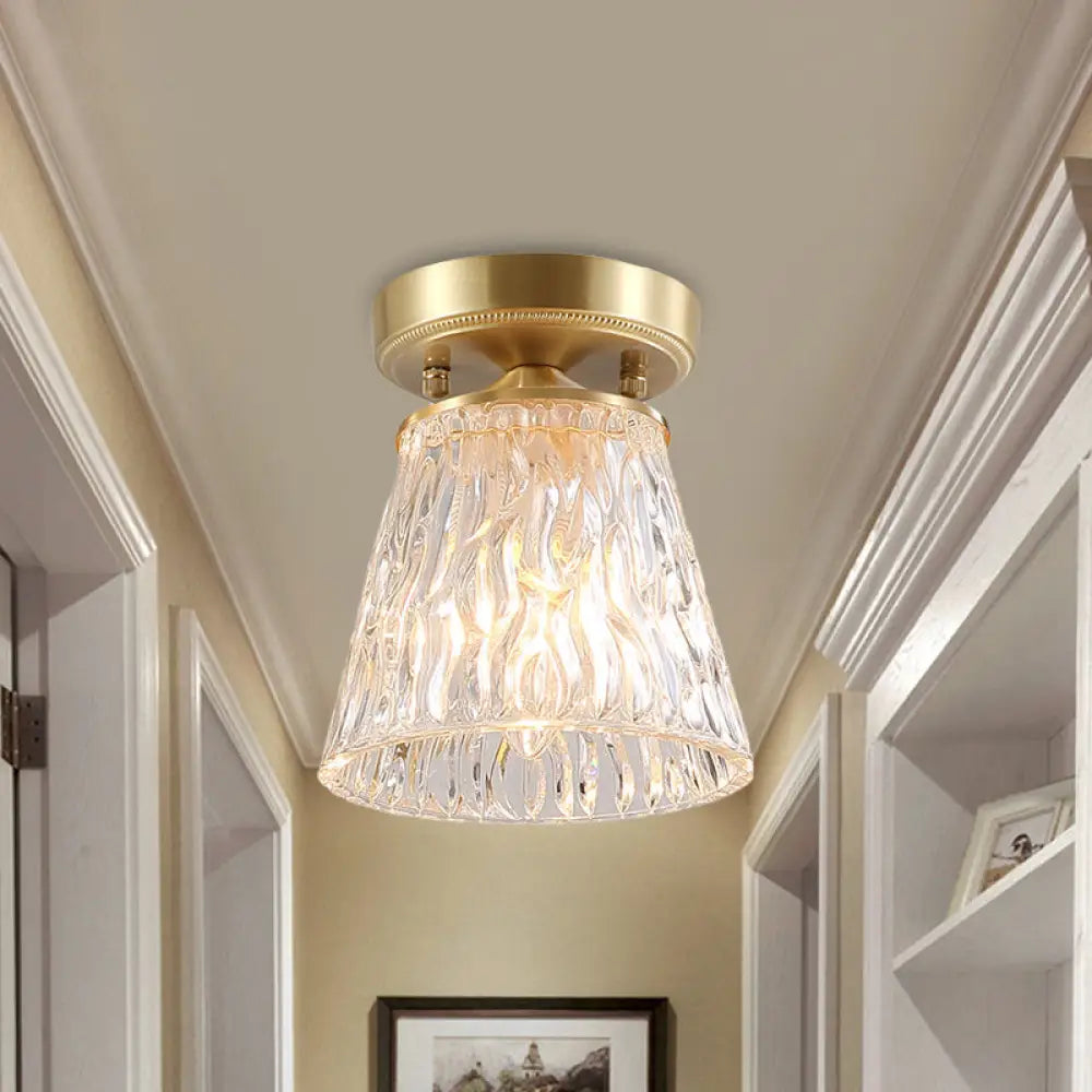 Brass 1 - Light Semi Flush Mount With Clear Ripple/Fluted Glass Cone/Flower Design For Living Room